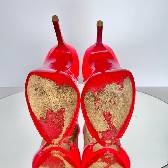 ***SOLD*** Louboutin Prive Coral Hot Pink Patent Leather Peep Toe Heels Size 41 - Picture 8 of 13